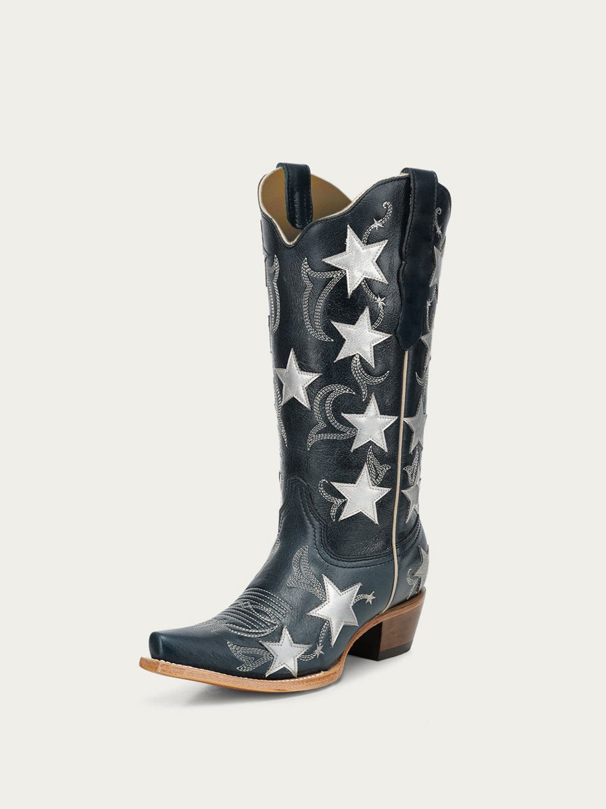 Navy Snip-Toe Chic Stars Inlay With Embroidery Mid Calf Cowgirl Boots