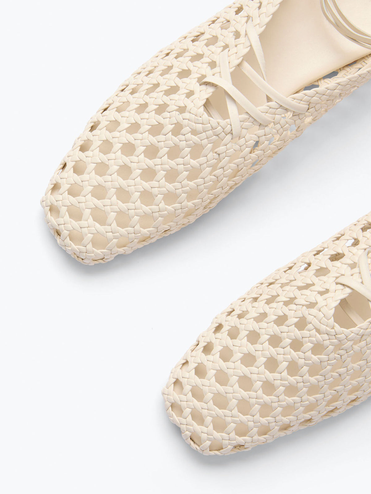 Woven Vegan Leather Square-Toe Ankle Lace-Up Backless Flats - Bone
