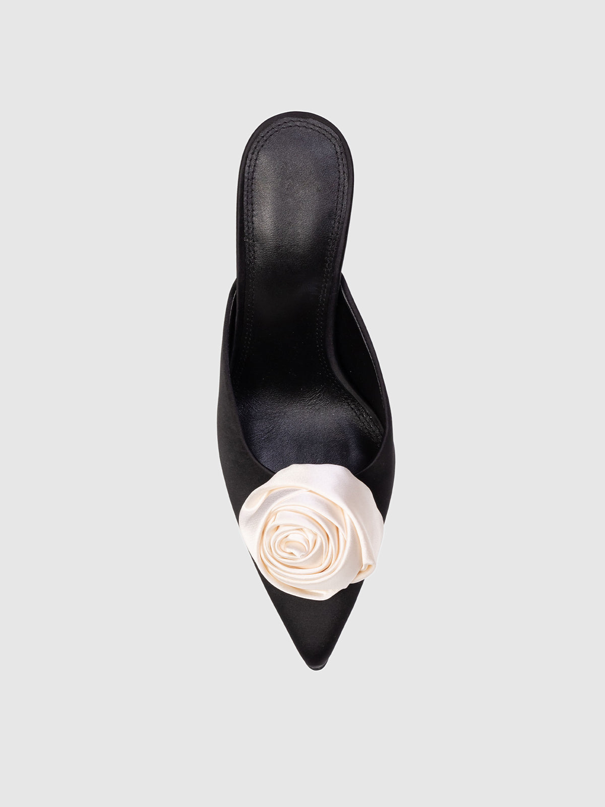 Black Satin Pointed-Toe Front Rose Inlay High Heels