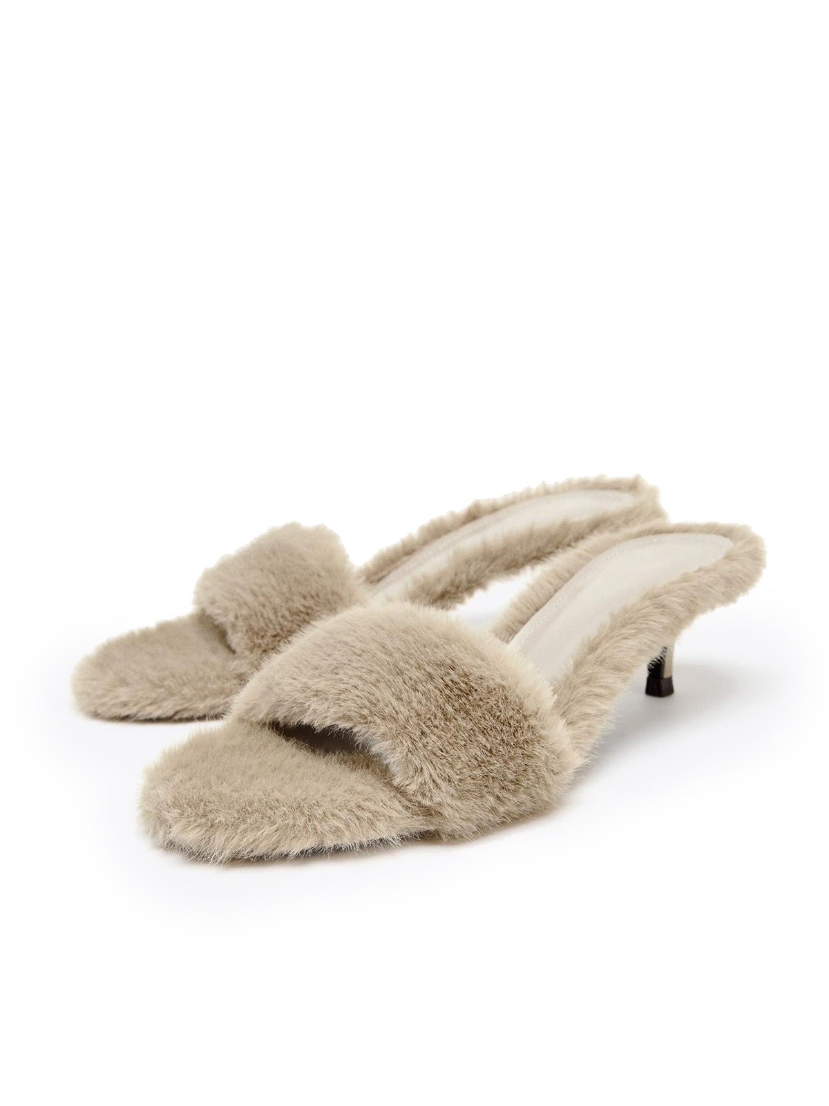 Gray Plush Round-Toe Front Strap Kitten Heels