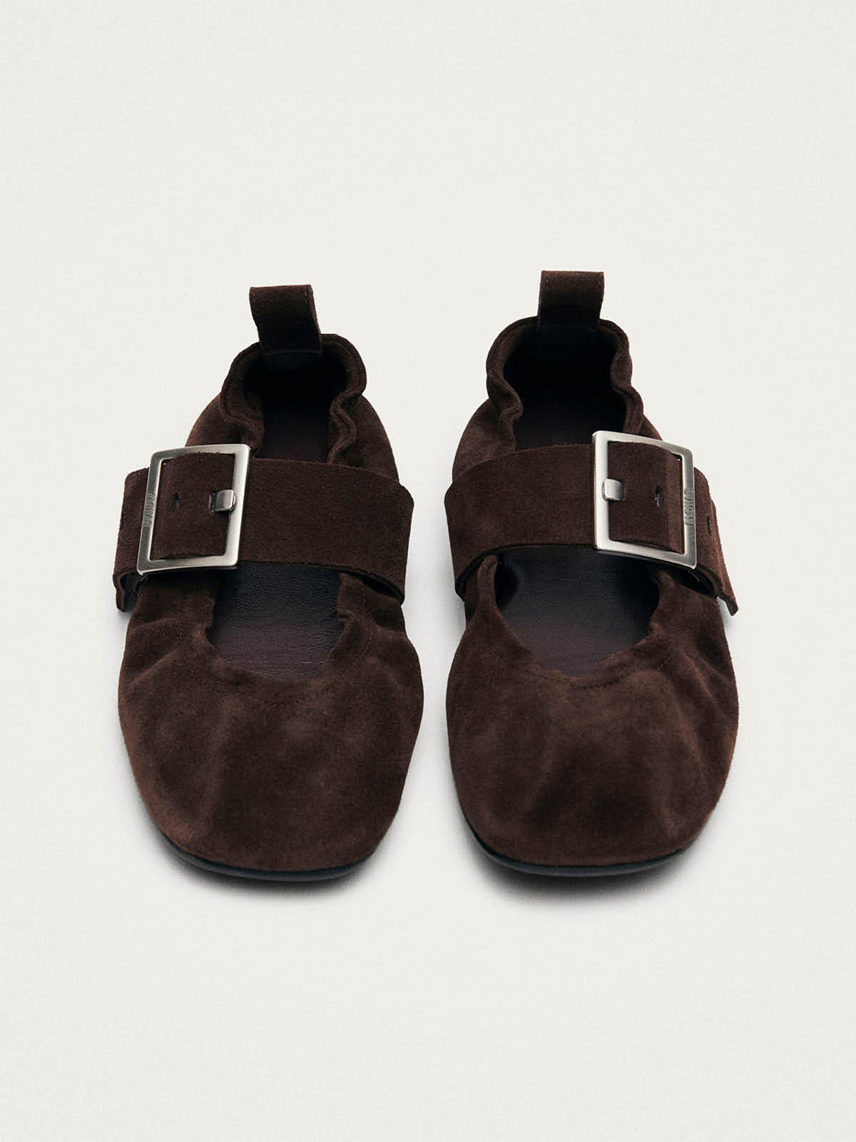 Brown Faux Suede Square-Toe Big Buckle Middle Strap Chic Ballet Flats