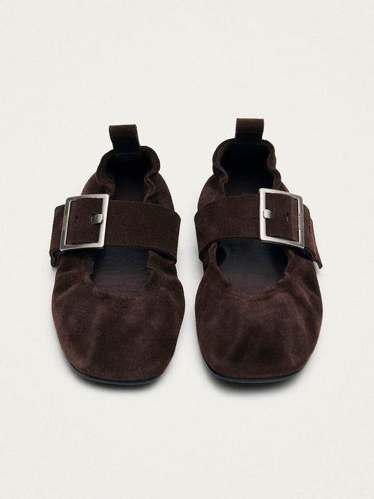 Brown Faux Suede Square-Toe Big Buckle Middle Strap Chic Ballet Flats