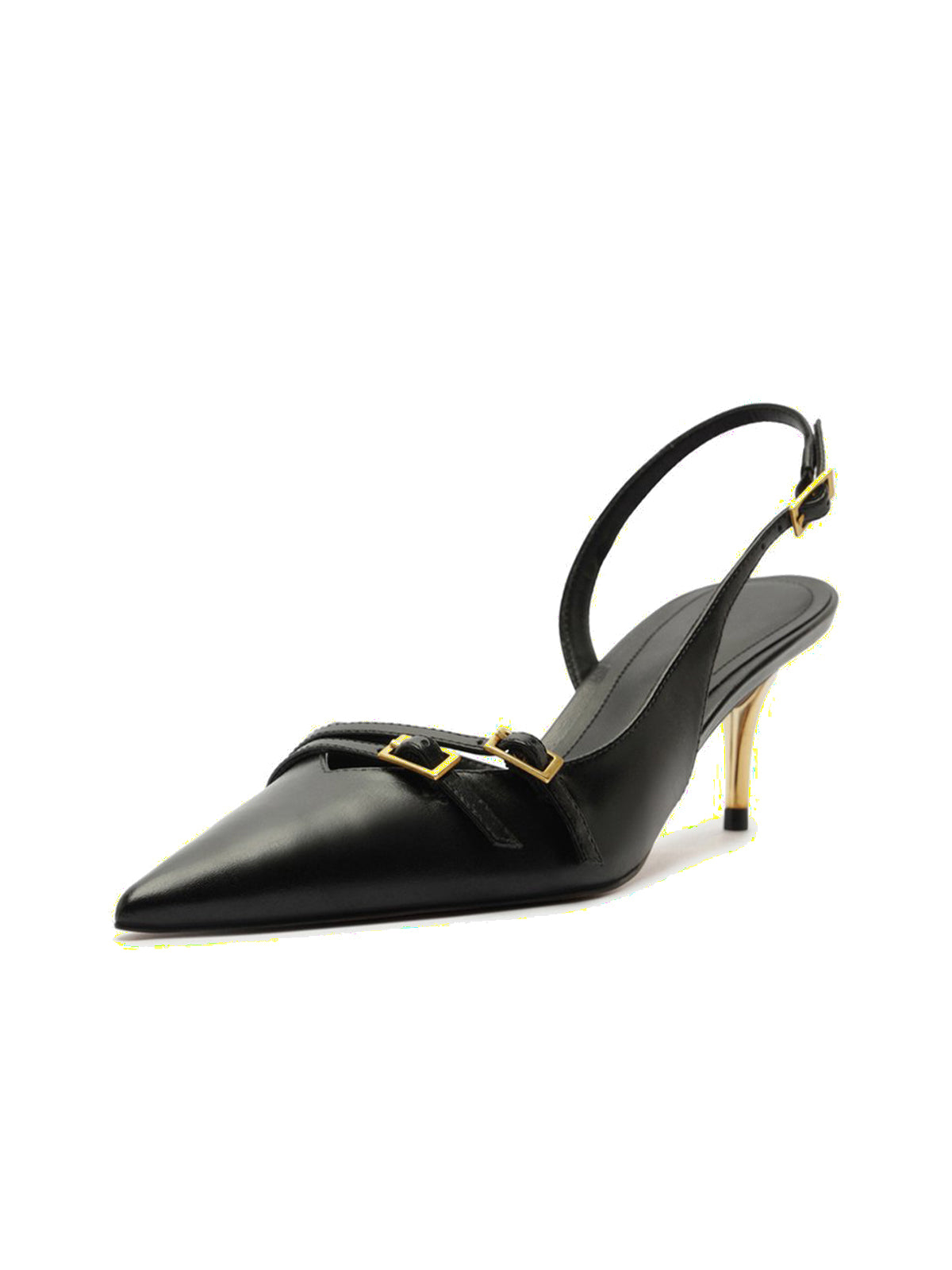 Black Pointed-Toe Front Double Buckle Straps Buckle Slingback Kitten Heels