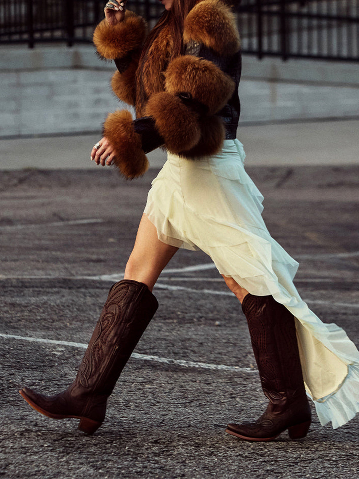 Chocolate Snip-Toe Embroidery And Running Stitch Half-Zip Chic Knee High Cowgirl Boots