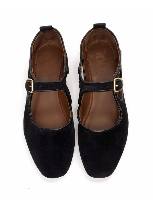 Square-Toe Buckle Strap Chic Flats - Black Faux Suede