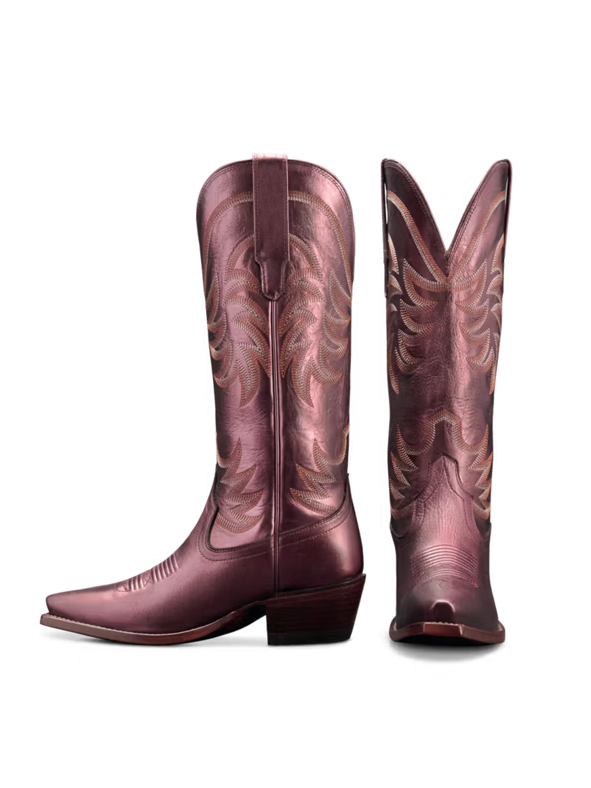 Metallic Purple Snip-Toe Embroidery Wide Calf Knee High Cowgirl Boots