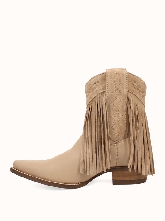 Sand Snip-Toe Faux Suede Fringe Chic Ankle Cowgirl Boots