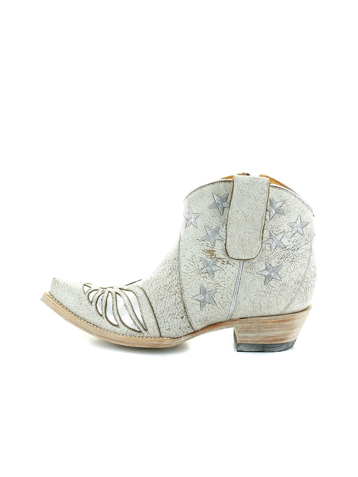 Distressed Ivory Snip-Toe Metallic Stars Inlay Full-Zip Ankle Cowgirl Boots