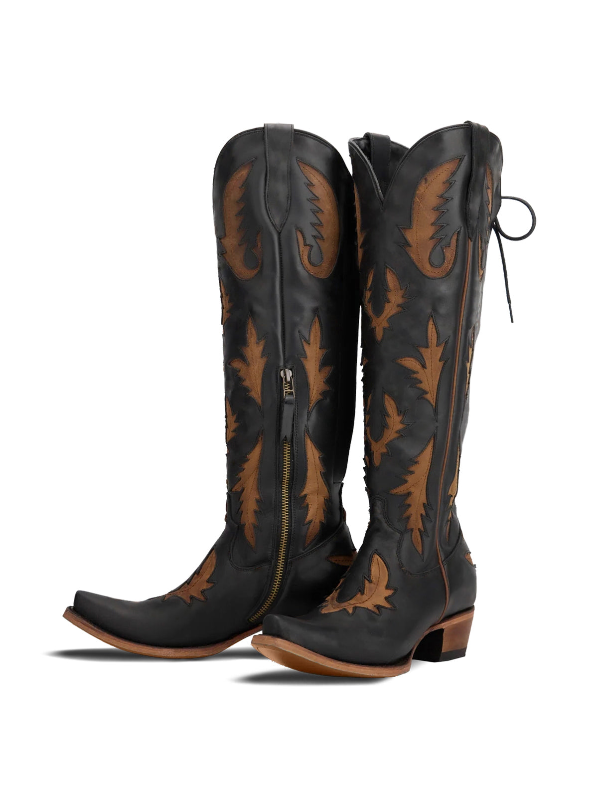 Half-Zip Snip-Toe Embroidery And Inlay Back Lace-Up Knee High Cowgirl Boots - Black