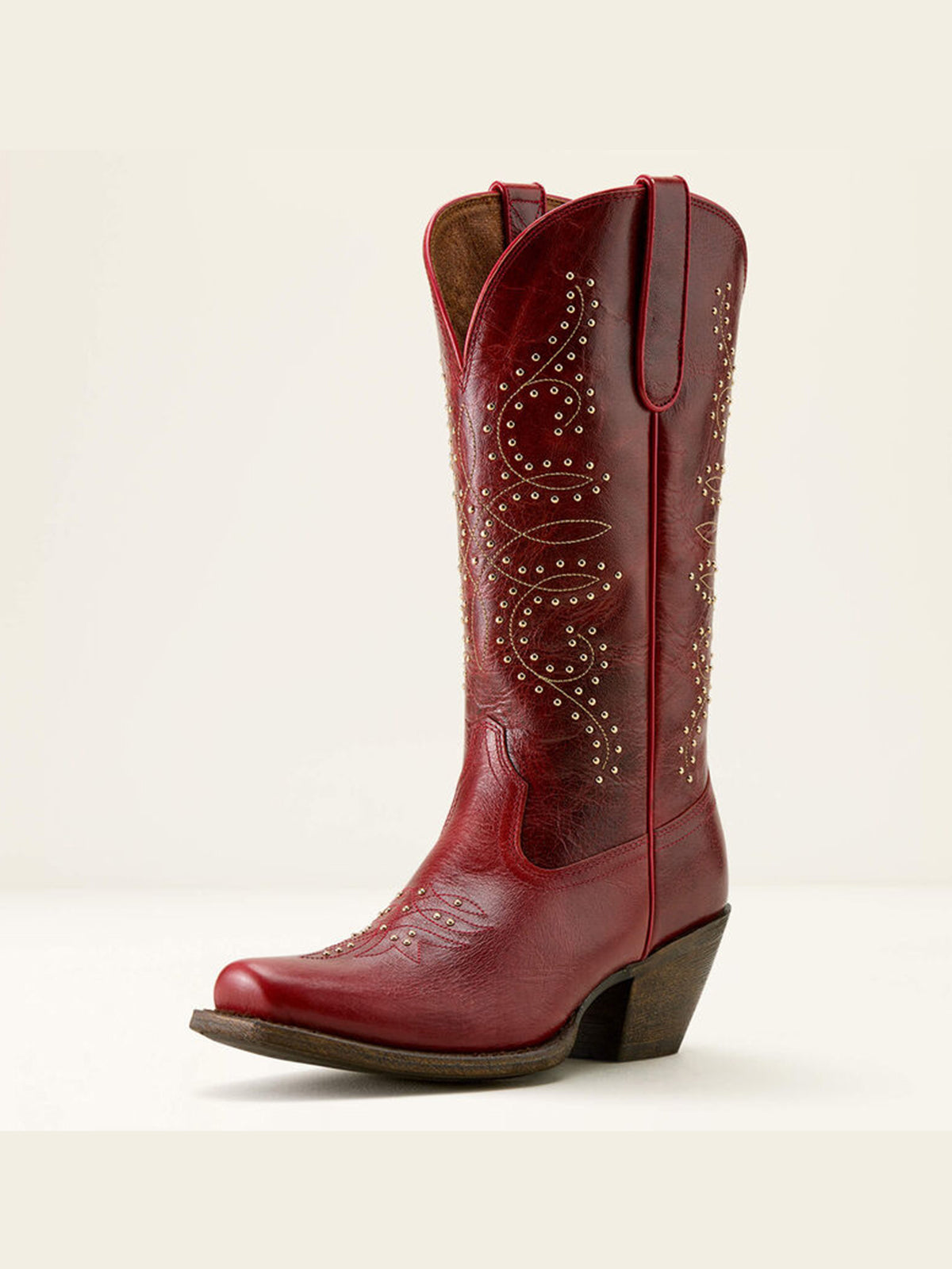 Dark Red Square-Toe Stitch And Studs Chic Mid Calf Cowgirl Boots