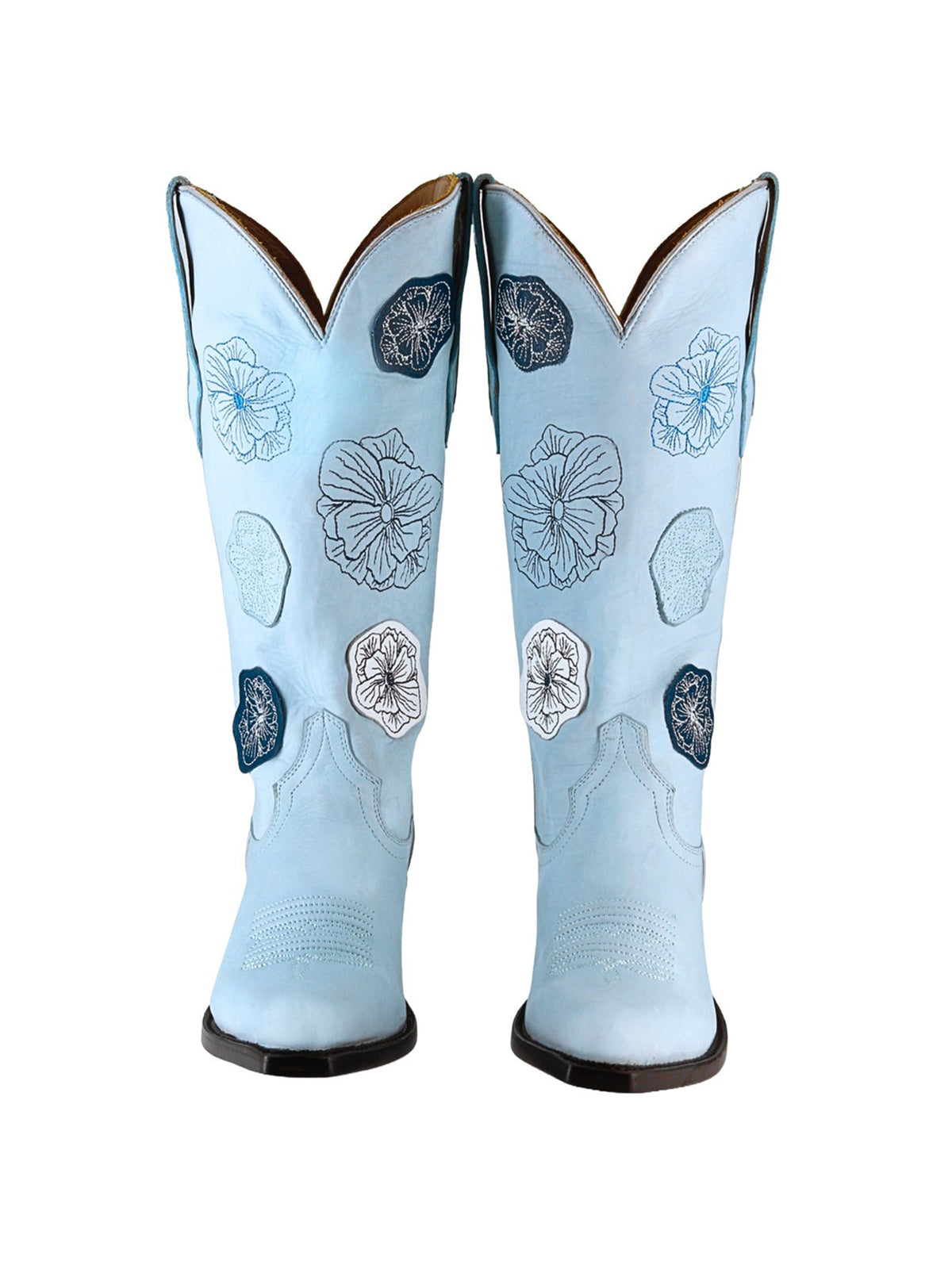 Sky Blue Snip-Toe Flowers Applique Chic Mid Calf Cowgirl Boots