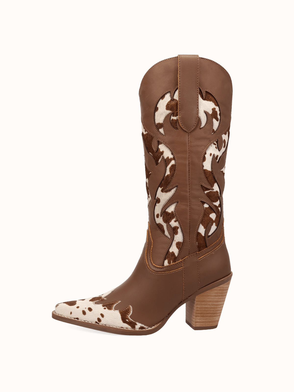 Contrast Brown And Cow Pattern Snip-Toe Mid Calf Cowgirl Boots