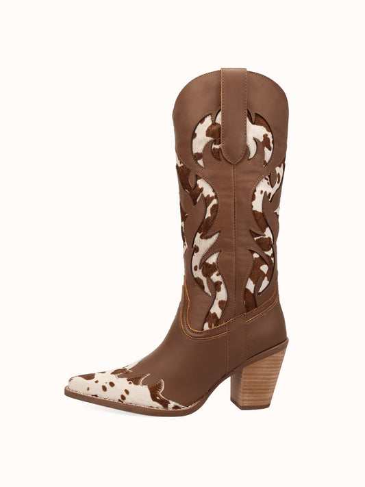 Contrast Brown And Cow Pattern Snip-Toe Mid Calf Cowgirl Boots