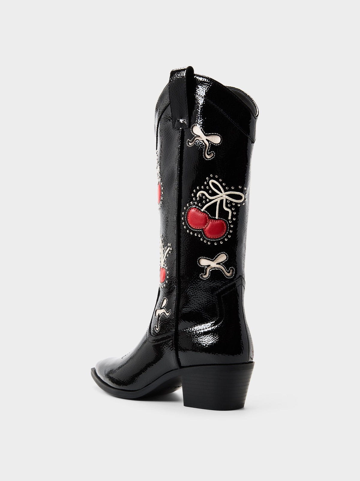 Patent Black Pointed-Toe Cherry And Bow Inlay And Studs Mid Calf Cowgirl Boots