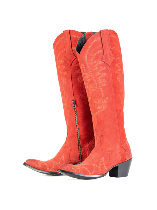 Side-Zip Pointed-Toe Chic Embroidery Wide Calf Knee High Cowgirl Boots - Red
