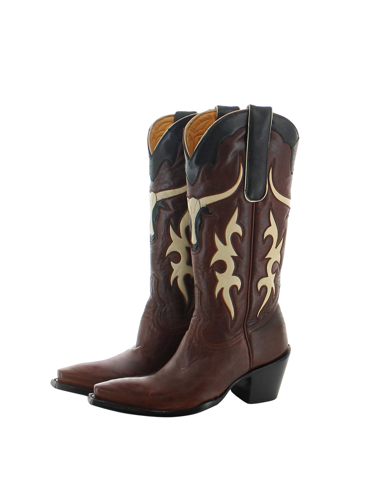 Brown Snip-Toe Tauren Inlay Mid Calf Cowgirl Boots