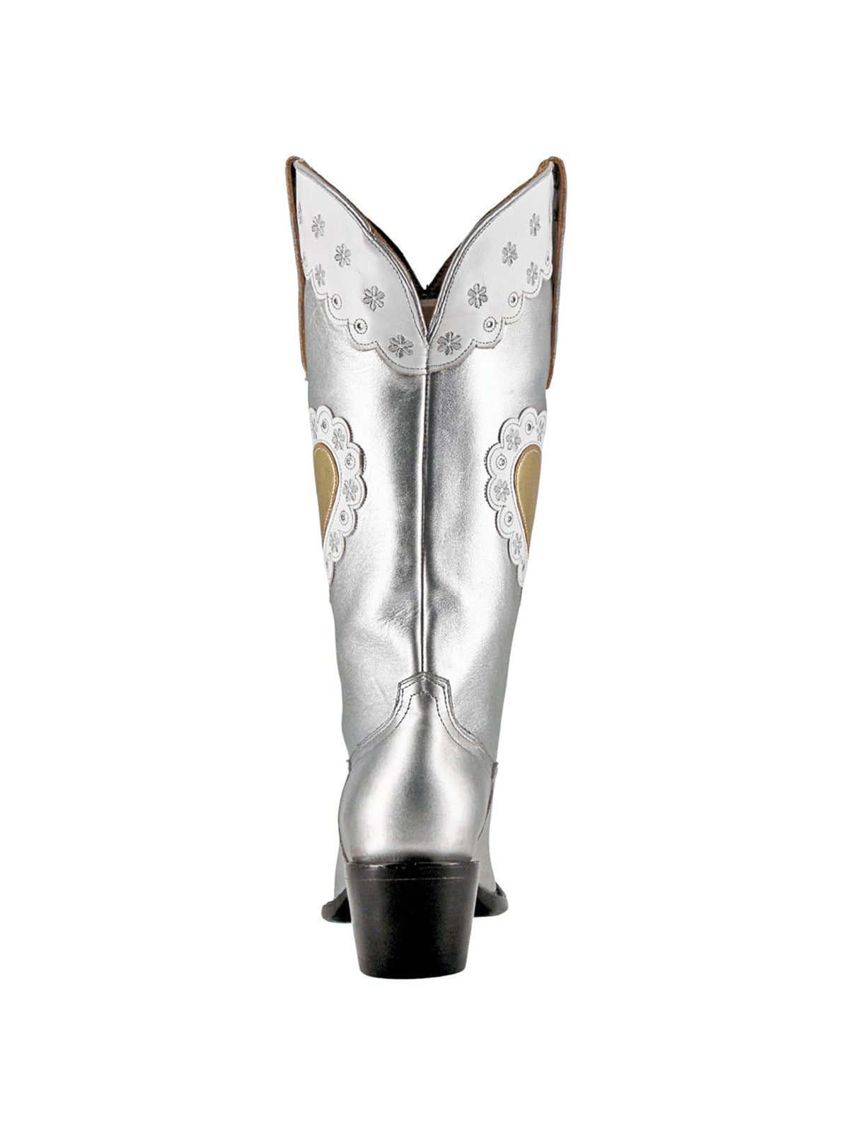 Metallic Silver Snip-Toe Heart Applique And Flowers Embroidery Mid Calf Cowgirl Boots
