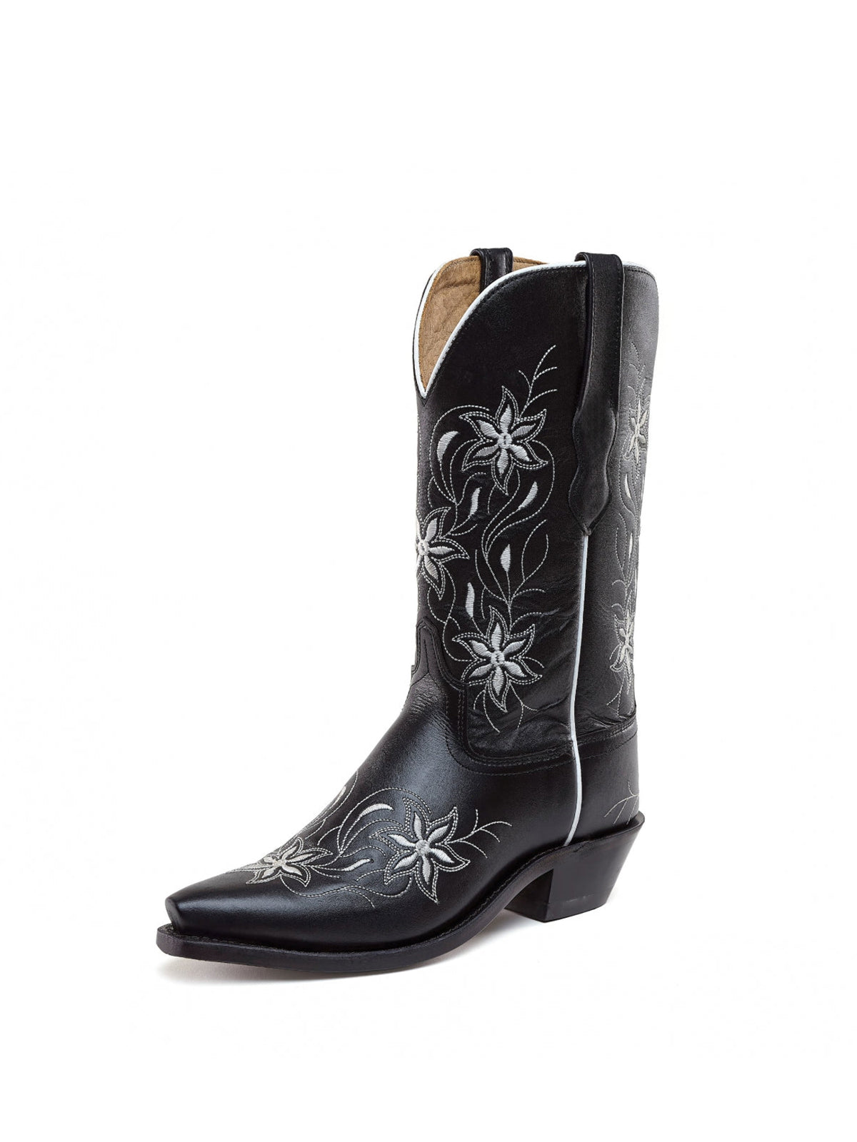 Black Snip-Toe Floral Embroidery Mid Calf Cowgirl Boots