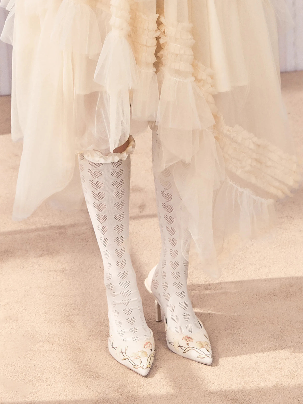 Beige Woven Canvas Pointed-Toe Flower Embroidery Slip-On High Heels