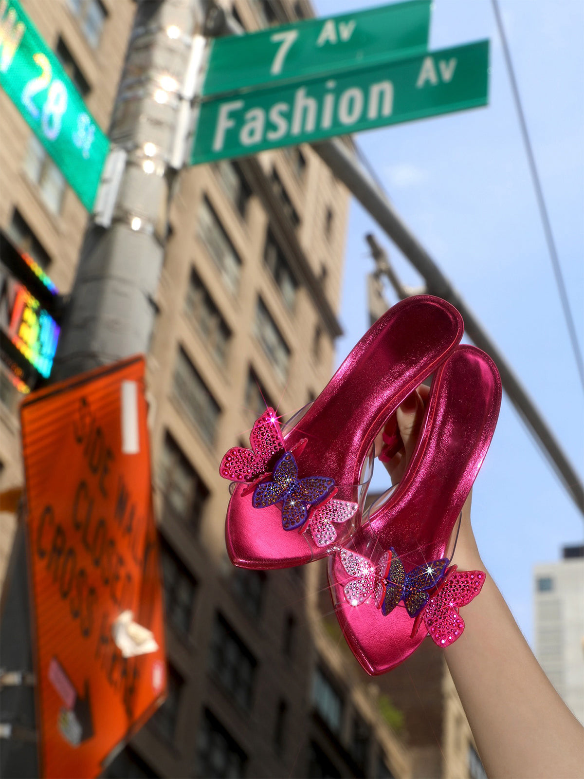 Pink Pointed-Toe Front Transparent TPU Film With Butterflies High Heels