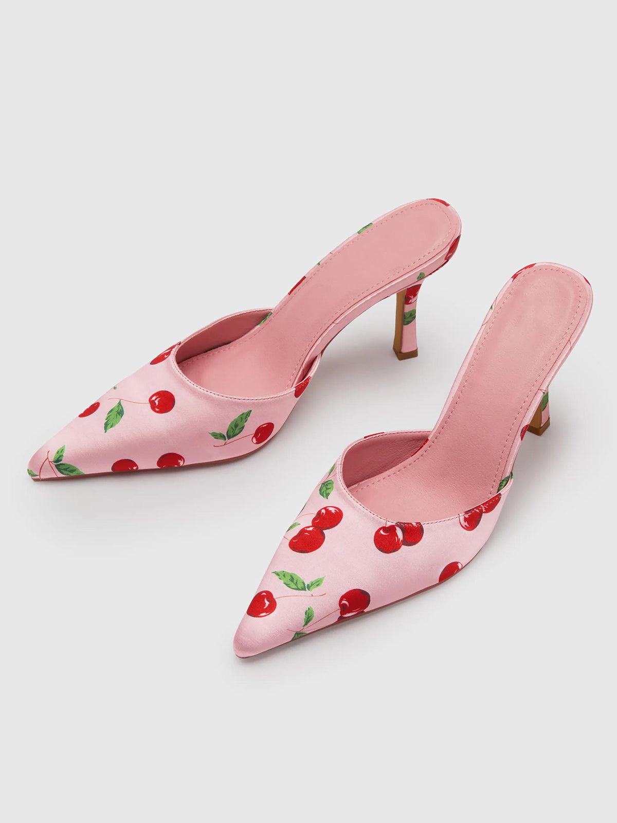 Pink Satin Pointed-Toe Cherry Pattern Slip-On High Heels