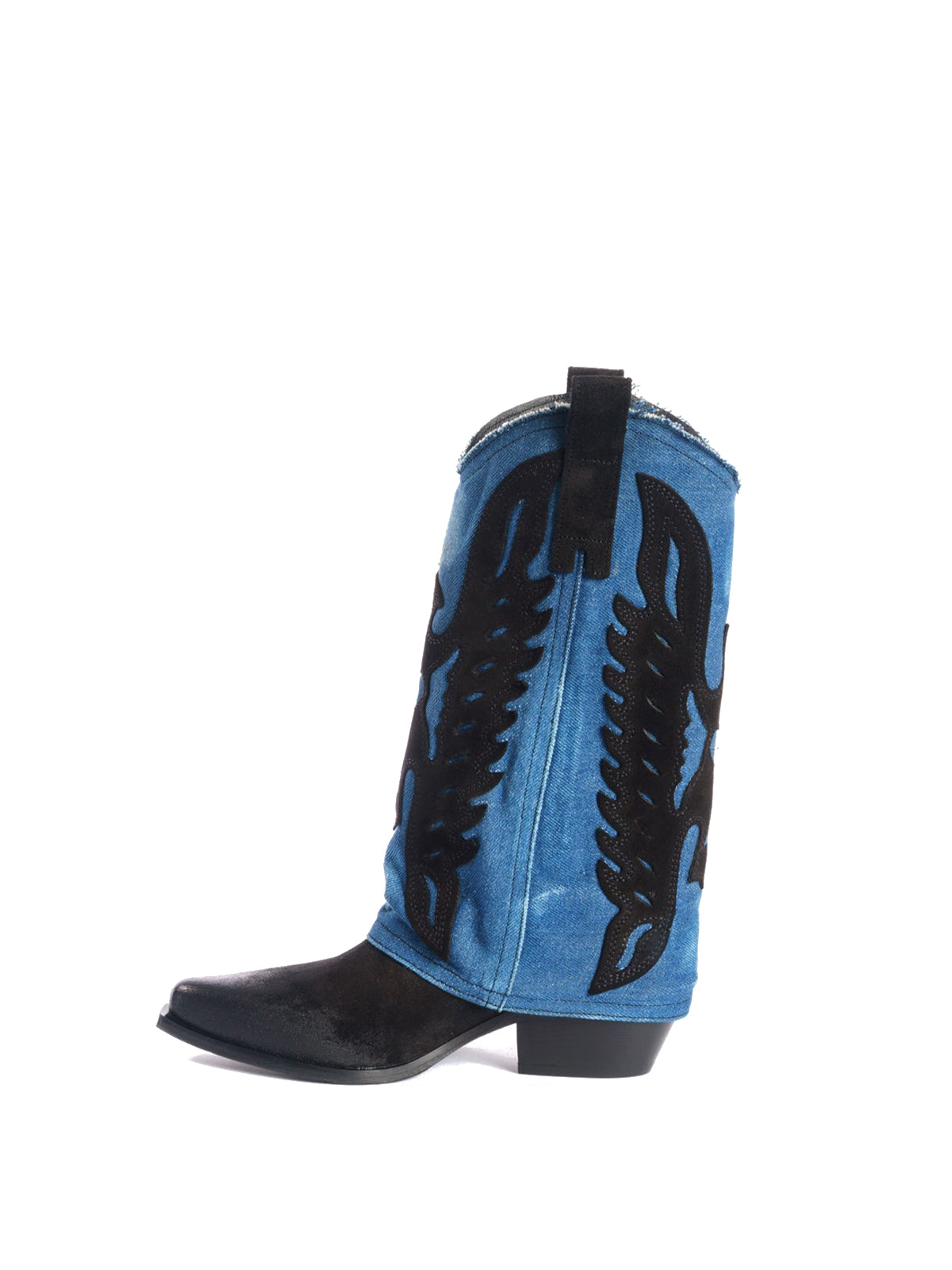 Black Snip-Toe Eagle Applique Blue Denim Fold-Over Mid Calf Cowgirl Boots