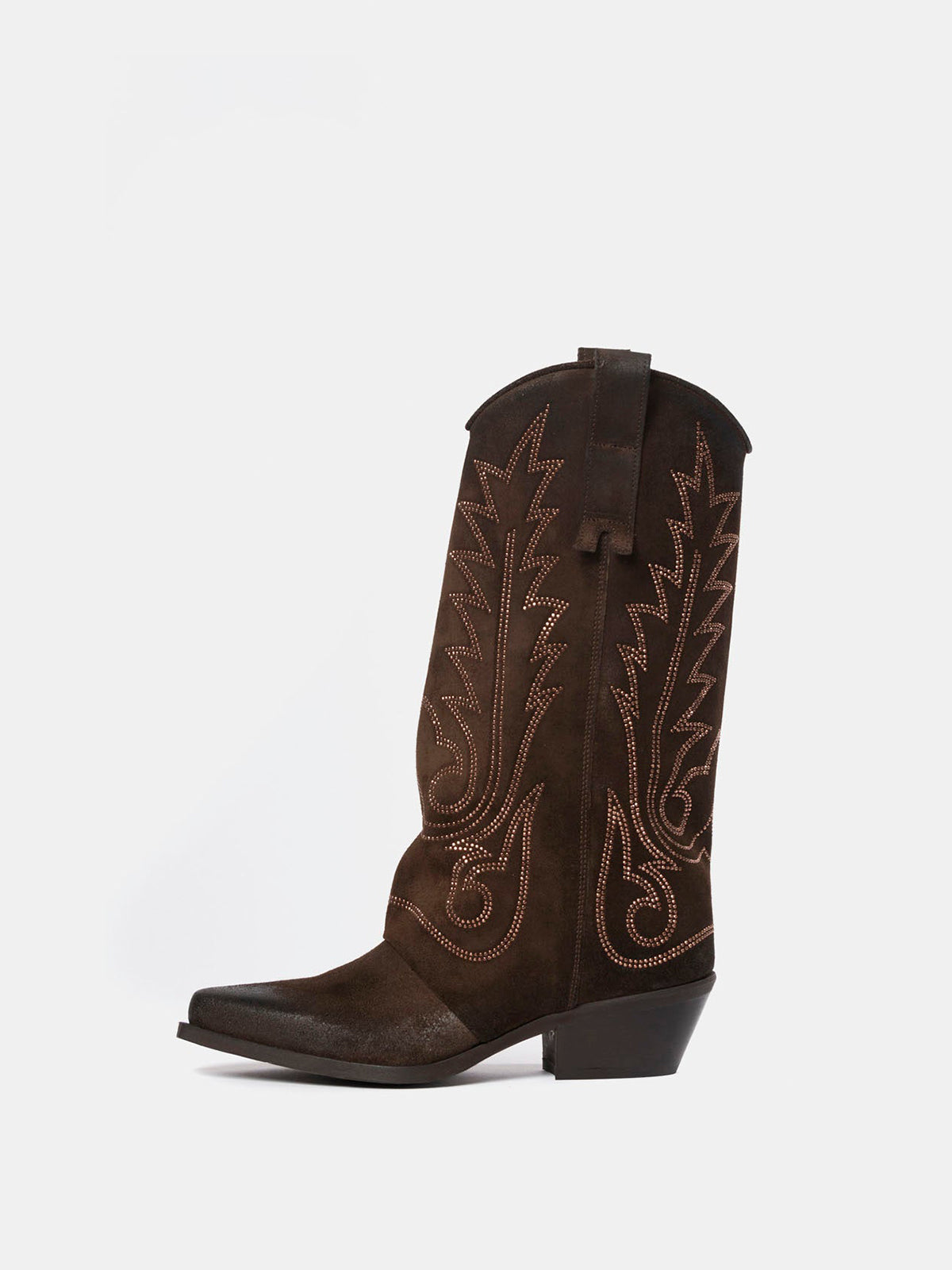 Brown Snip-Toe Faux Suede Embroidery Classic Mid Calf Cowgirl Boots