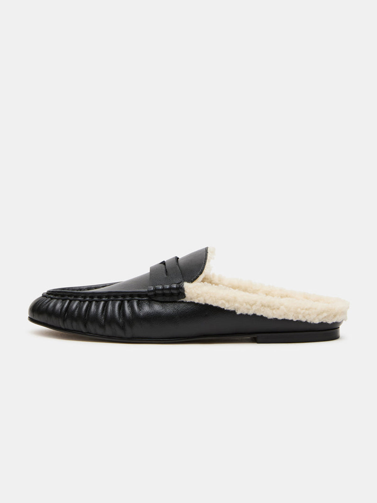 Black Vegan Leather And Plush Round-Toe Backless Simple Flats