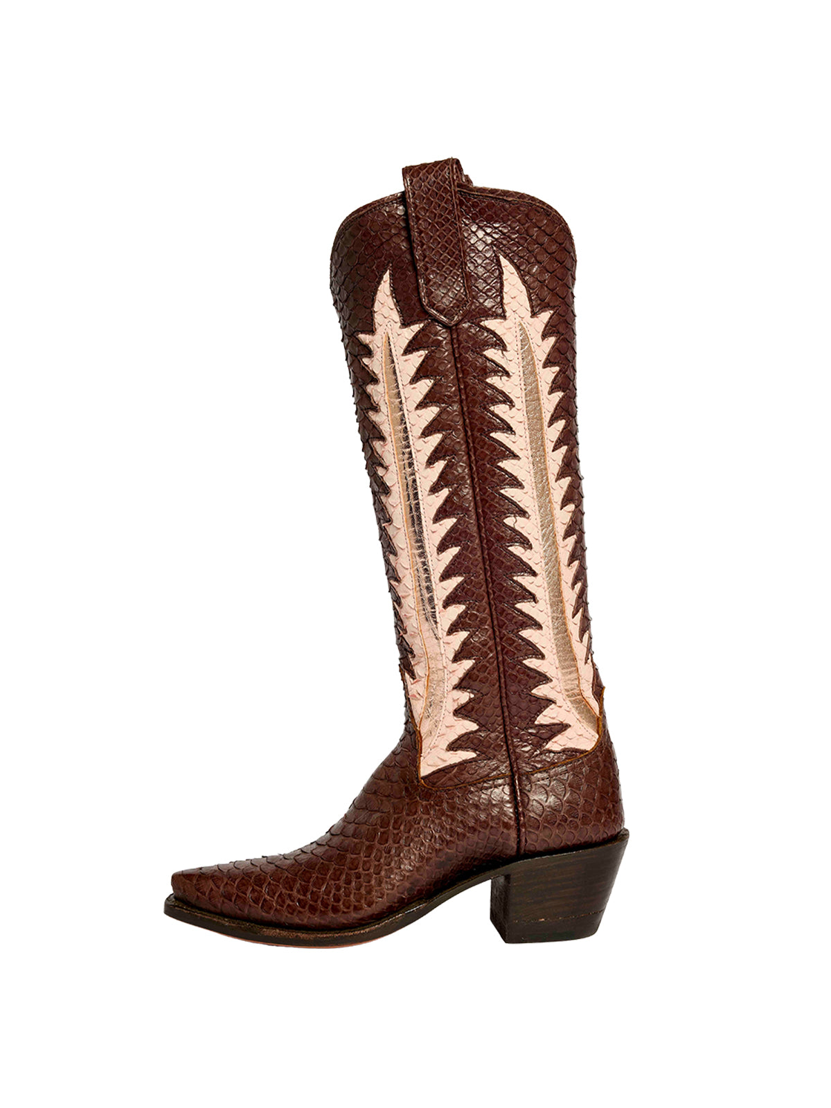 Chocolate Snakeskin Vegan Leather Gold Leaf Inlay Wide Calf Tall Knee High Cowgirl Boots