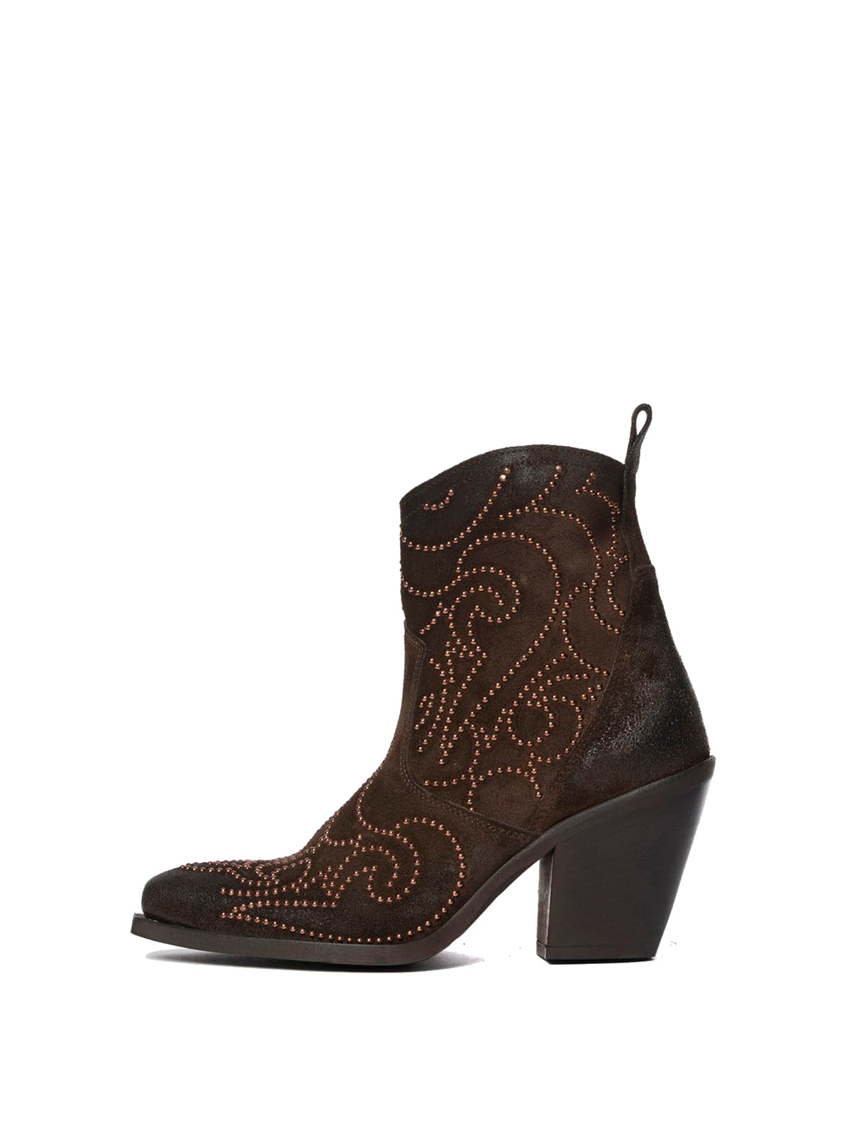 Dark Brown Faux Suede Snip-Toe Studded Full-Zip Ankle Cowgirl Boots