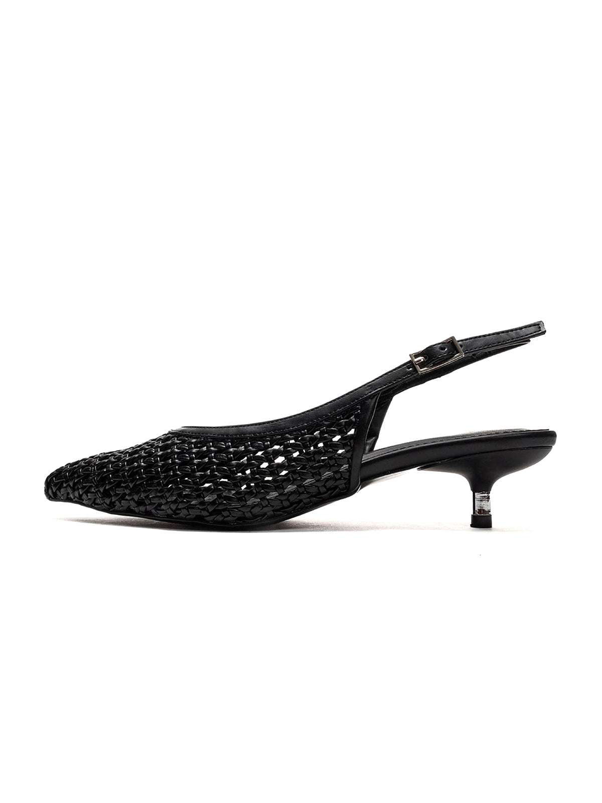 Black Woven Vegan Leather Pointed-Toe Classic Back Strap Pumps Kitten Heels
