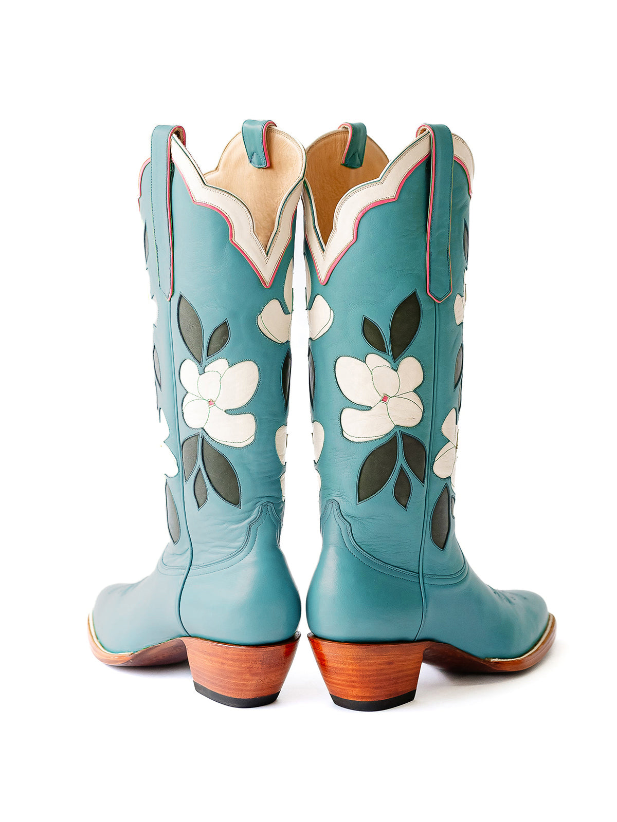 Ink Blue Almond-Toe White Flower Inlay Wide Calf Knee High Cowgirl Boots