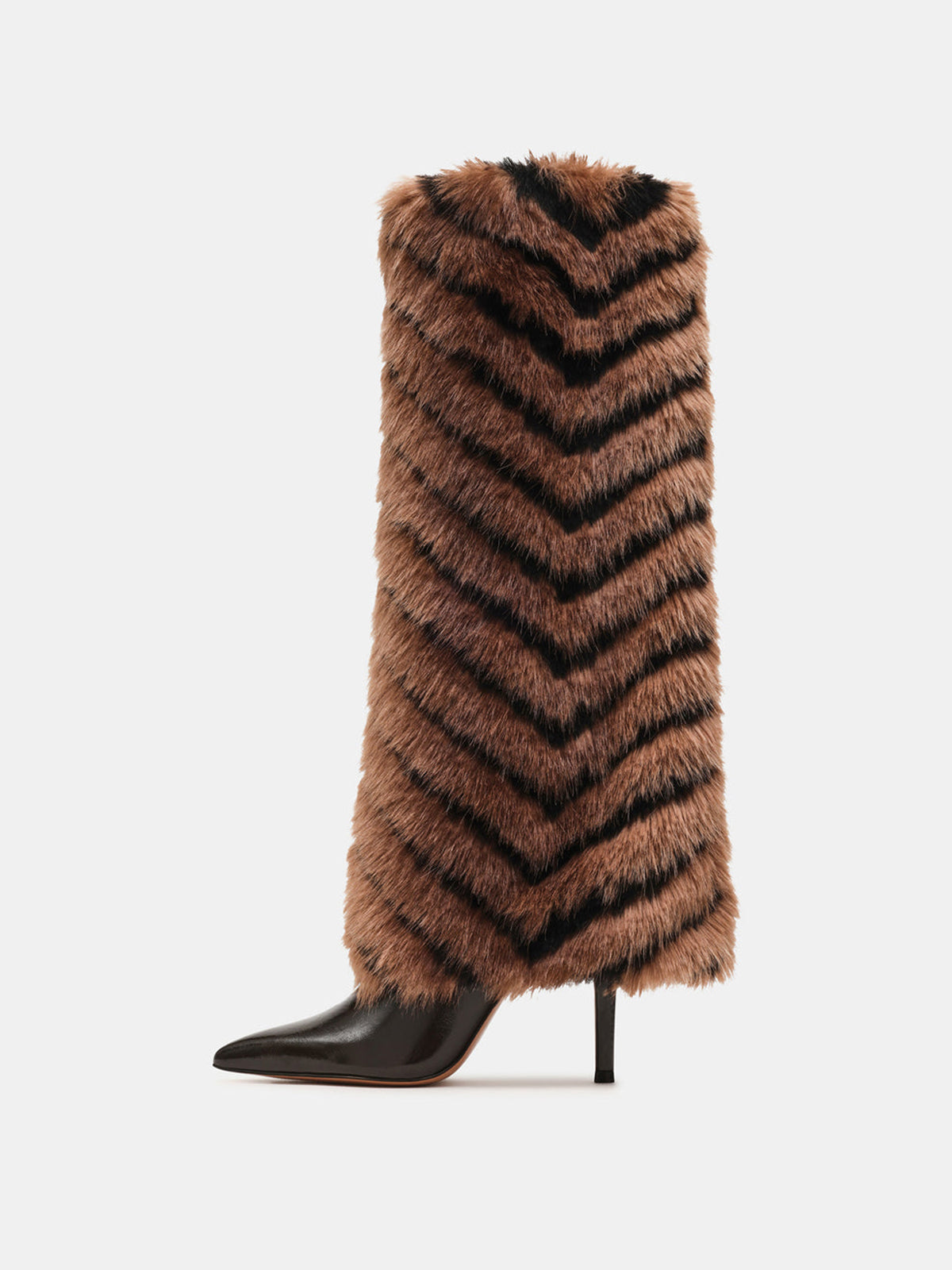 Tan And Black Pointed-Toe Plush Shaft Chic Wide Calf Knee High Stiletto Boots