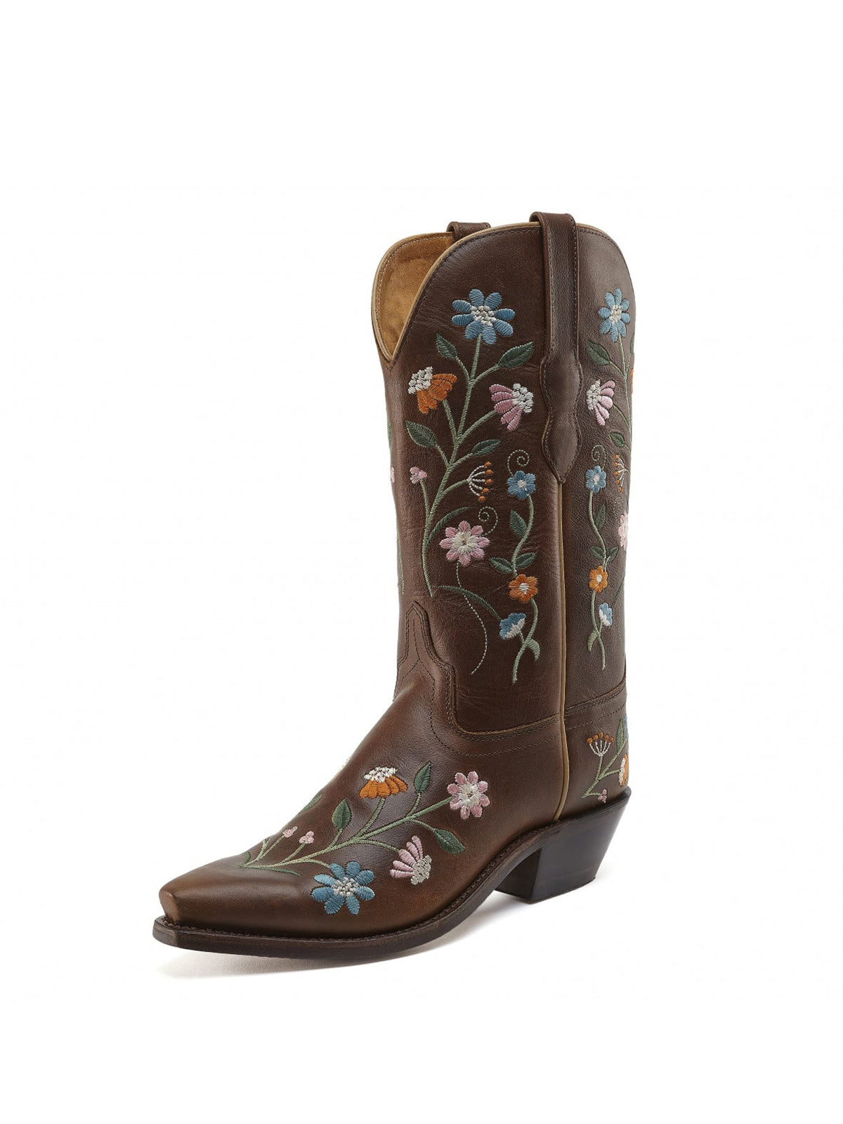 Dark Brown Floral Embroidery Snip-Toe Wide Mid Calf Cowgirl Boots