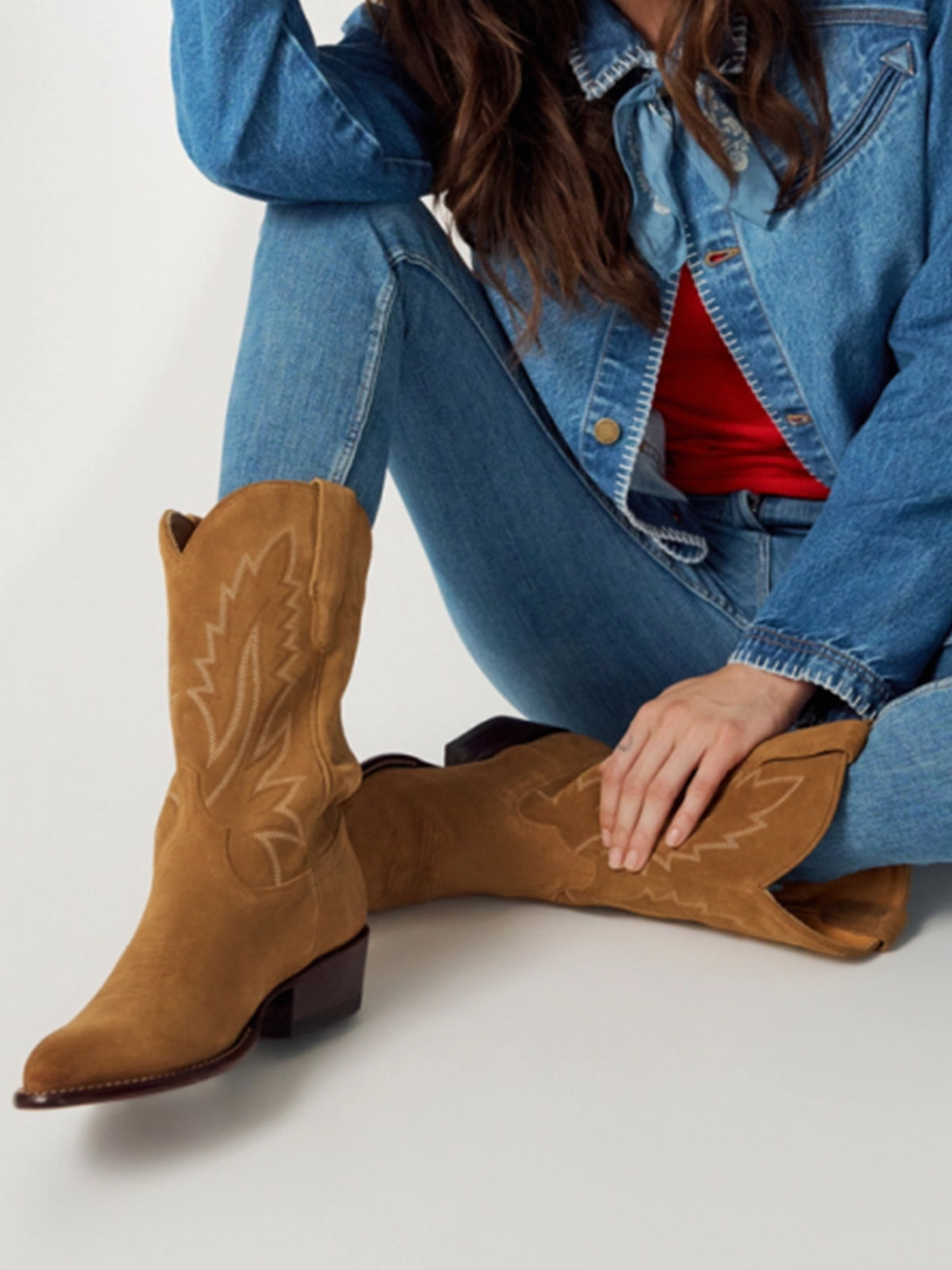 Caramel Faux Suede Almond-Toe Embroidery Mid Calf Cowgirl Boots