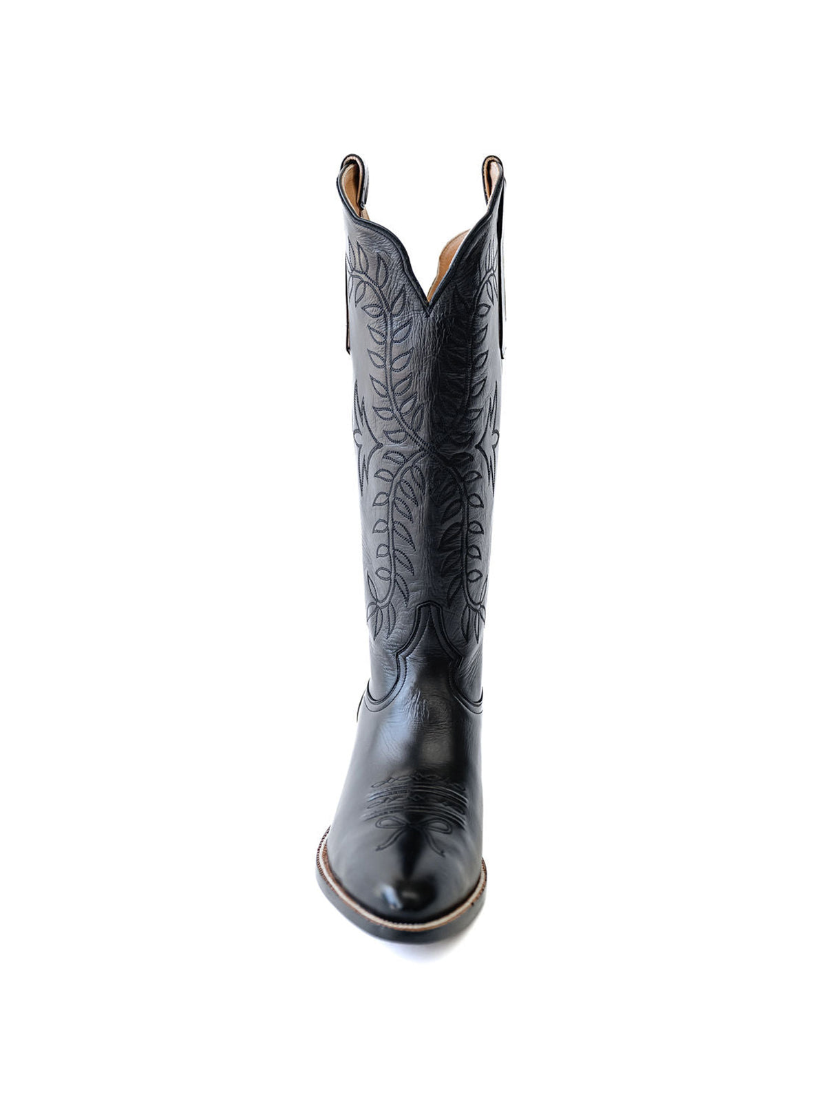 Leaves Embroidery Almond-Toe Wide Knee High Cowgirl Boots - Black