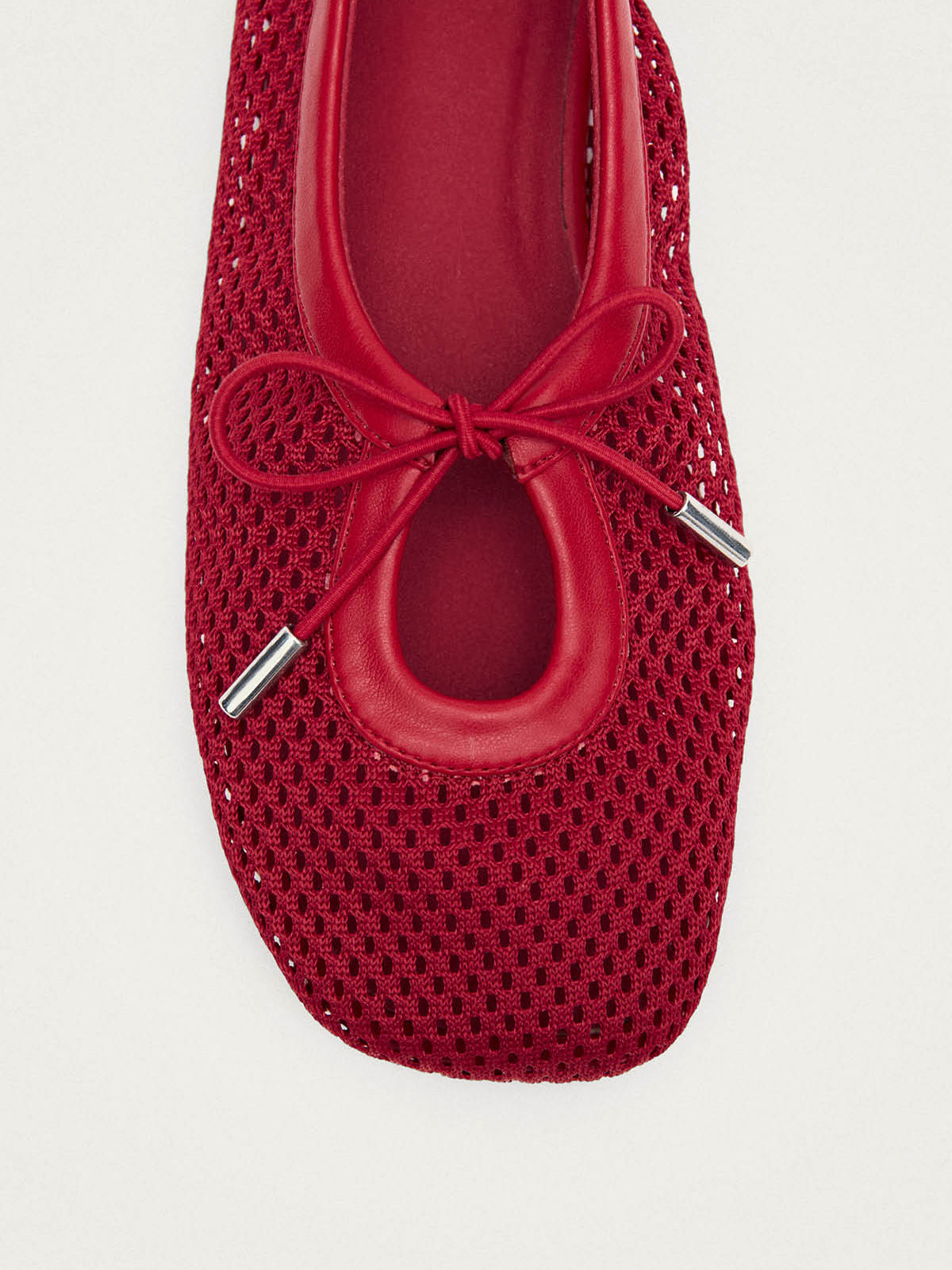 Red Mesh And Vegan Leather Square-Toe Middle Bow Ballet Flats