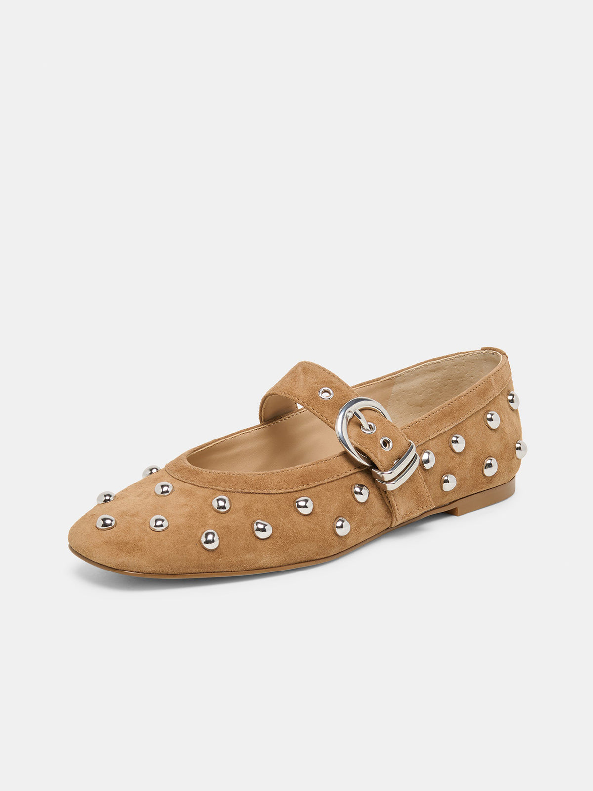 Brown Faux Suede Square-Toe Studs And Mary Jane Ballet Flats