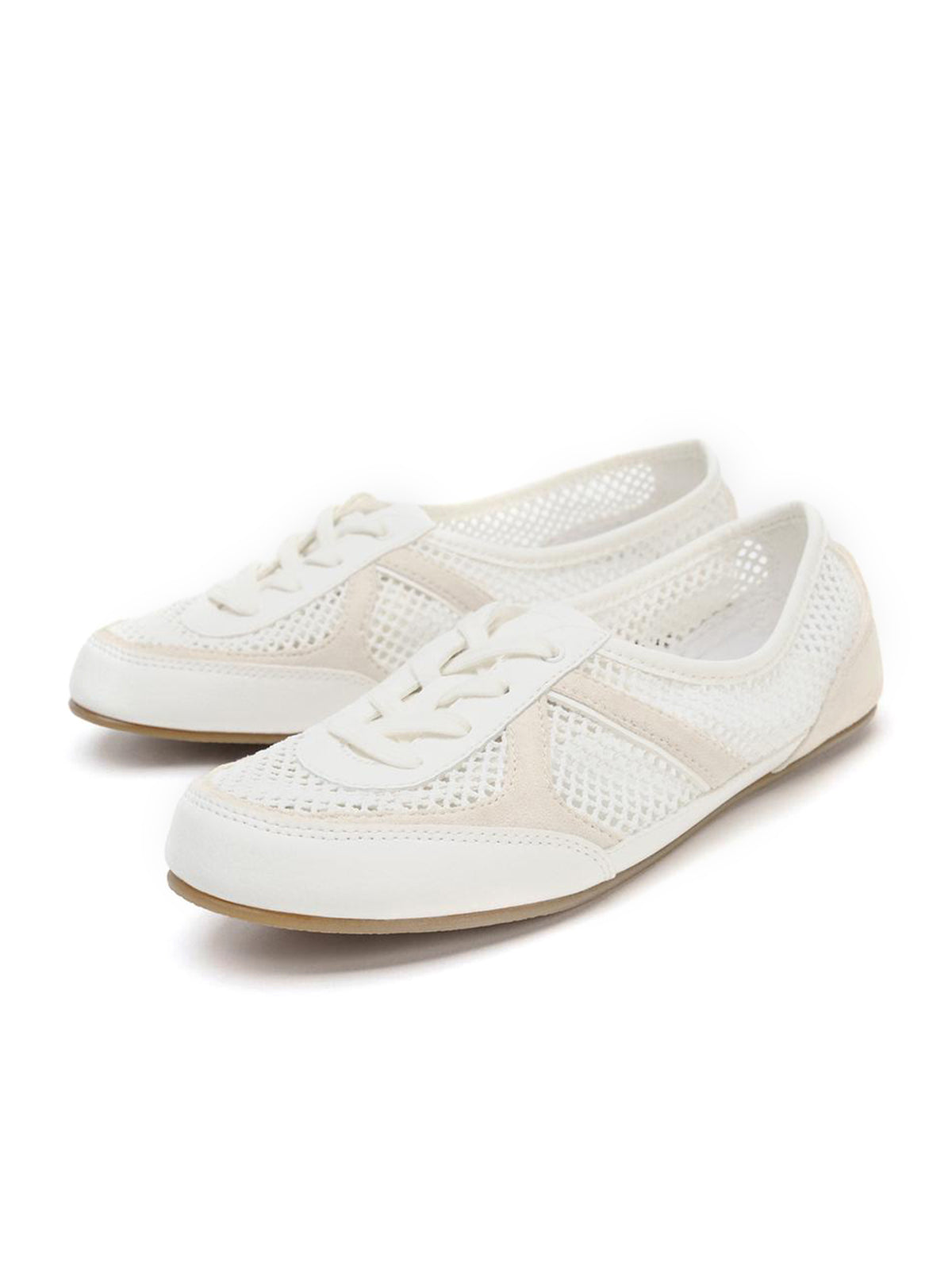White Faux Suede And Mesh Round-Toe Lace-Up Flats Sneakers
