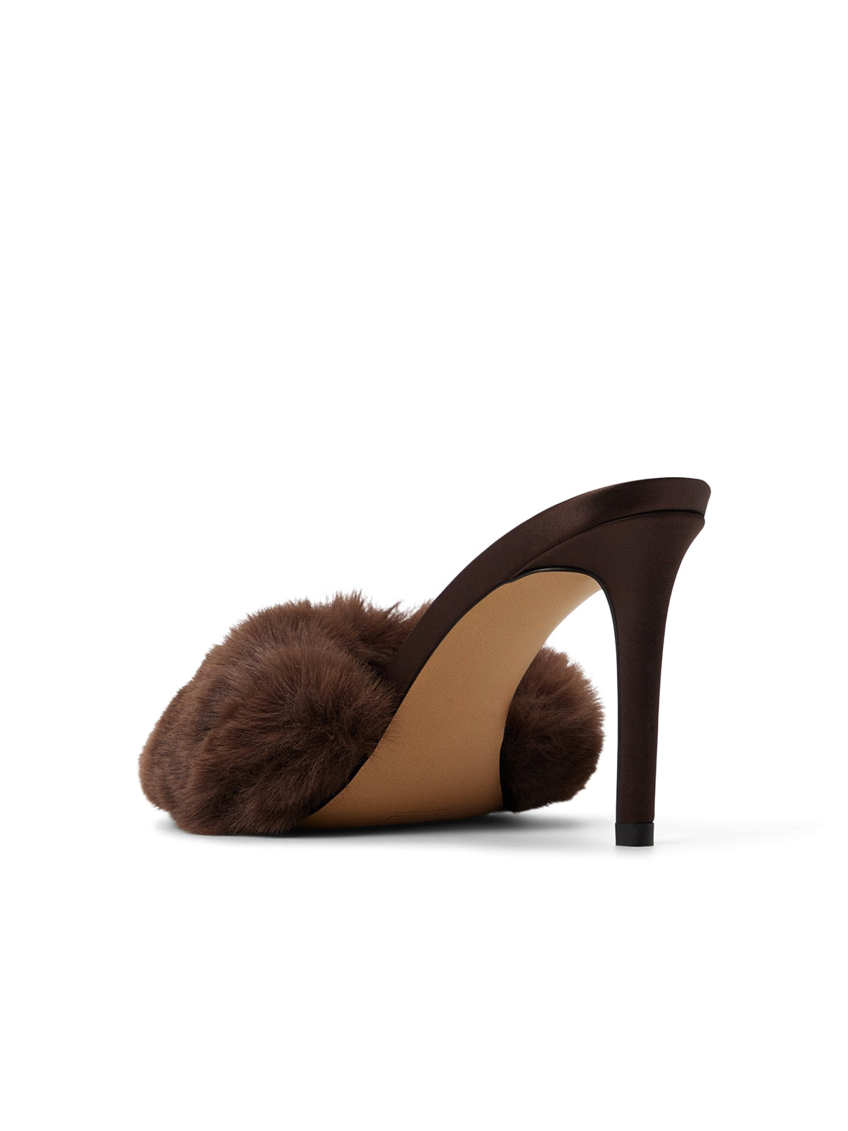 Dark Brown Pointed-Toe Front Plush Slip-On Backless High Heels