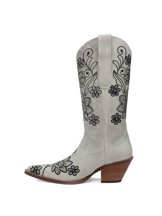 Ivory Snip-Toe Flourishing Flowers Embroidery Mid Calf Cowgirl Boots