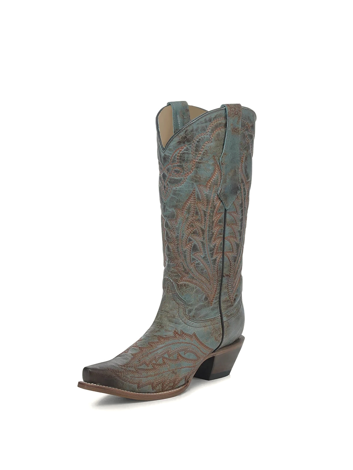 Distressed Turquoise Snip-Toe Classic Embroidery Mid Calf Cowgirl Boots