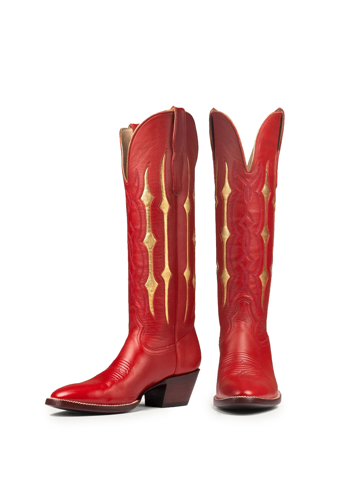 Red Contrast Metallic Gold Inlay Stitch Almond-Toe Wide Knee High Western Cowgirl Boots