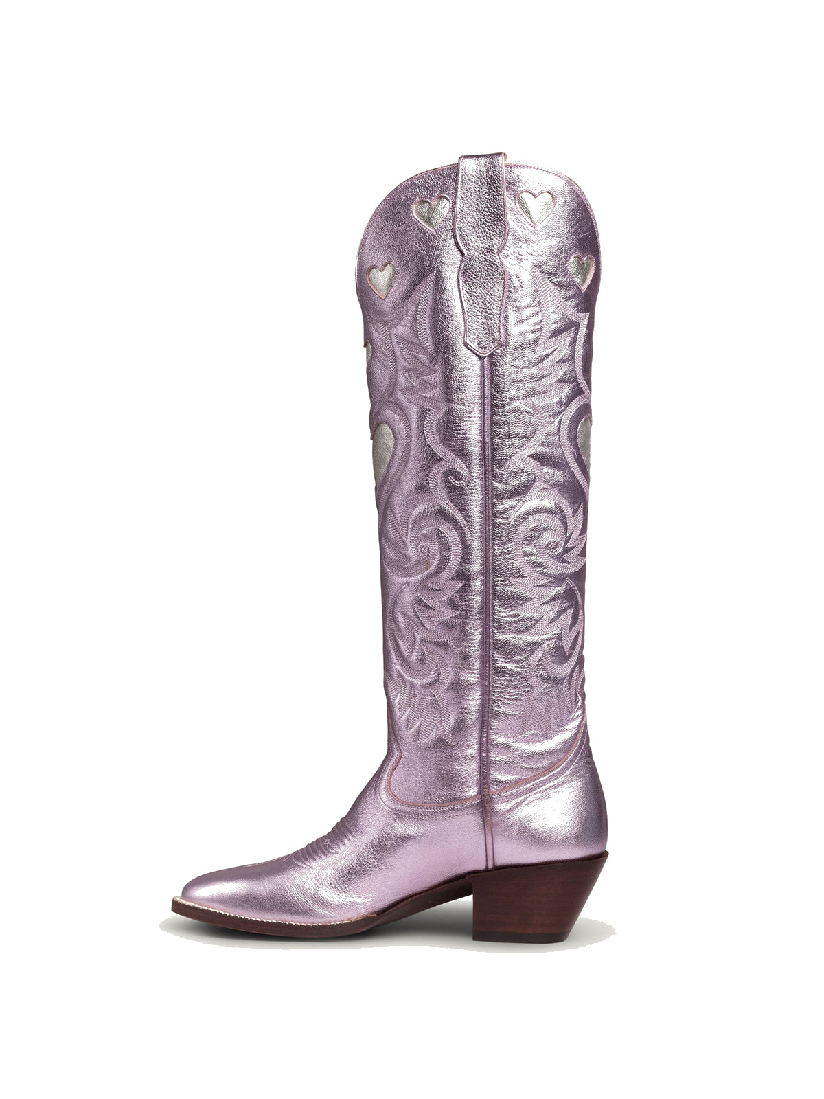 Metallic Pink Round-Toe Chic Hearts Inlay Wide Calf Knee High Cowgirl Boots
