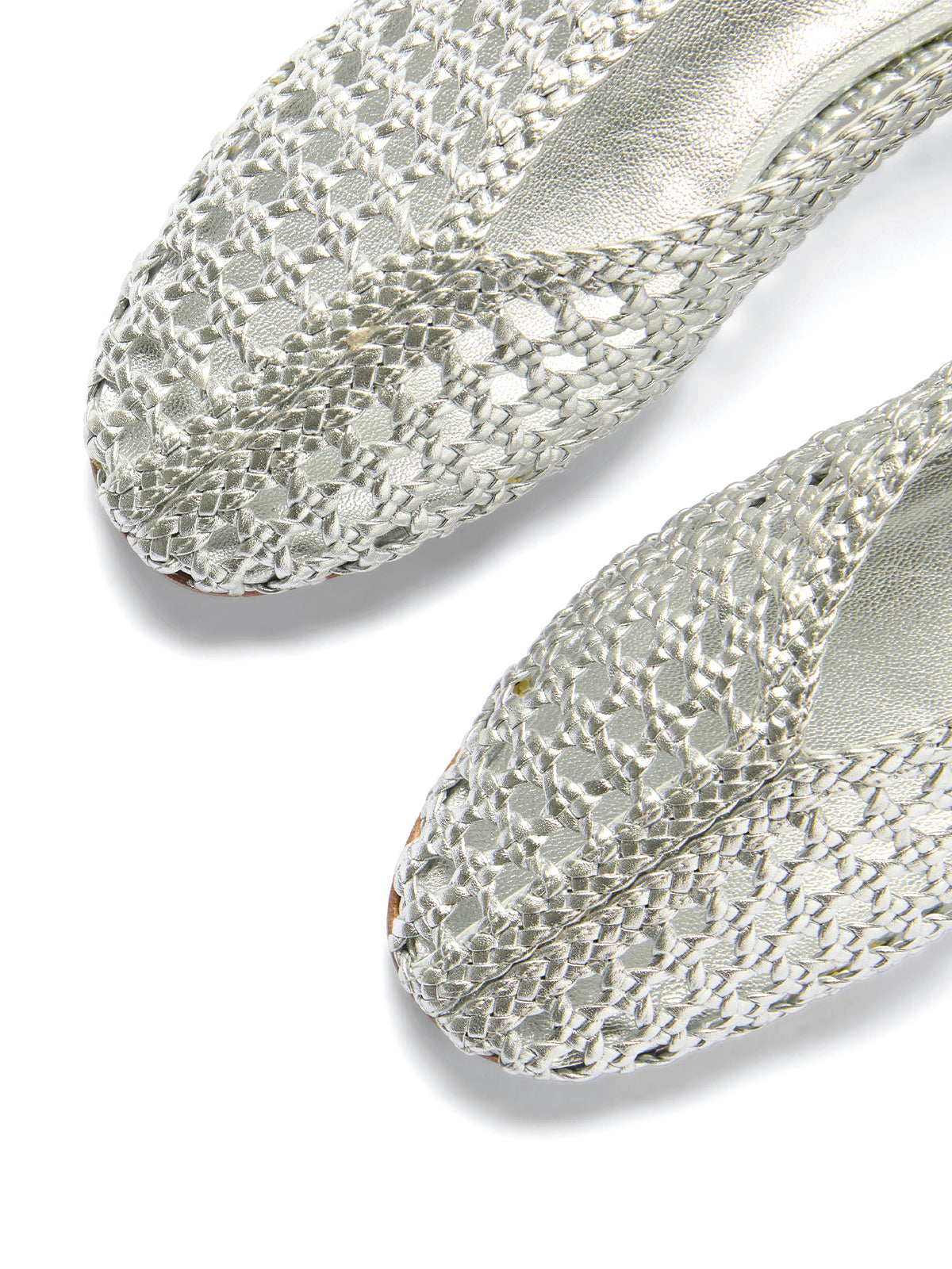Metallic Silver Woven Vegan Leather Chic Round-Toe Slip-On Ballet Flats