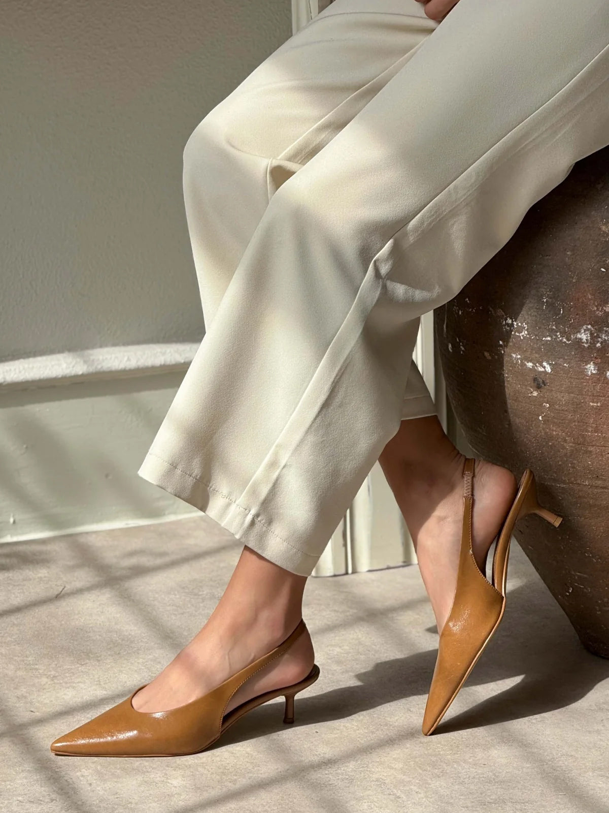 Slingback Pointed-Toe Kitten Heels - Tan