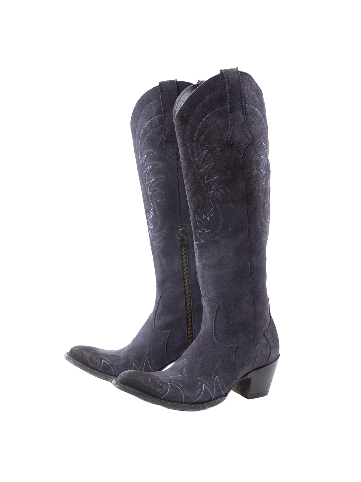 Side-Zip Pointed-Toe Chic Embroidery Wide Calf Knee High Cowgirl Boots - Navy