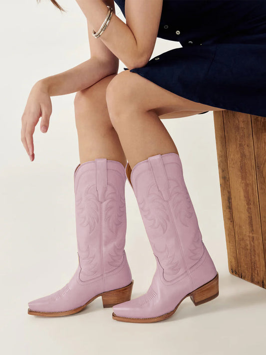 Pink Snip-Toe Embroidery Wide Calf Knee High Cowgirl Boots