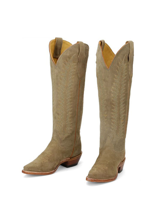 Green Faux Suede Snip-Toe Wide Calf Embroidery Knee High Cowgirl Boots