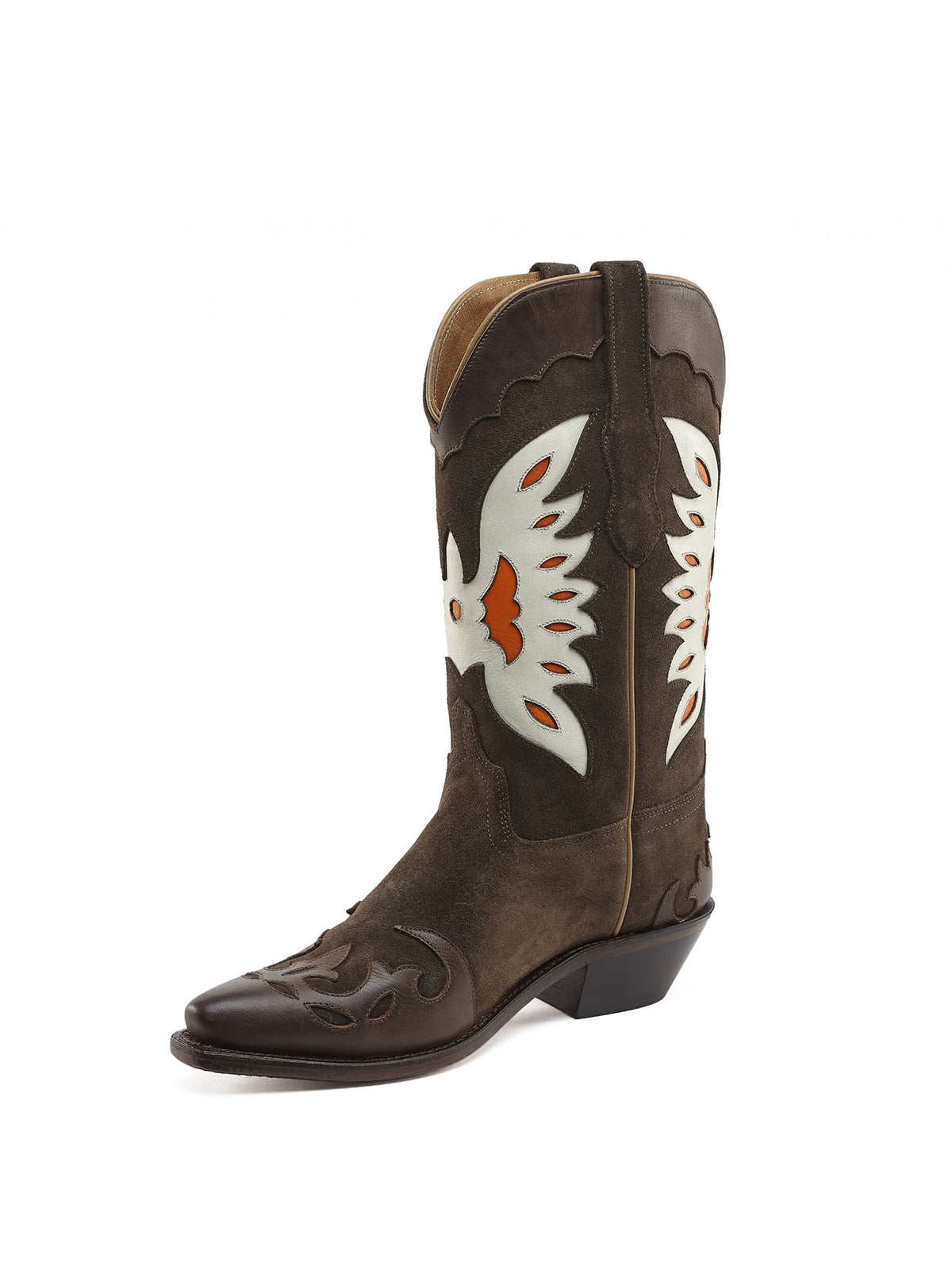 Brown Faux Suede Eagle Embroidery Snip-Toe Mid Calf Cowgirl Boots